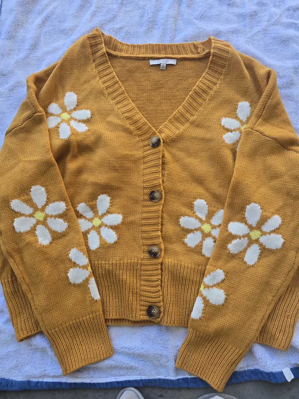 Mustard Floral V-Neck Button Cardigan Sweater - Picture 1 of 4